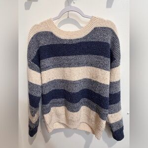 Thread & Supply Navy and Cream Striped Chunky Sweater Medium Petite